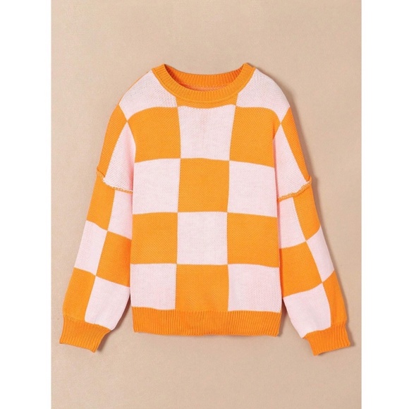 Checkers Orange White Oversized Knit Pullover Sweater - Picture 9 of 13